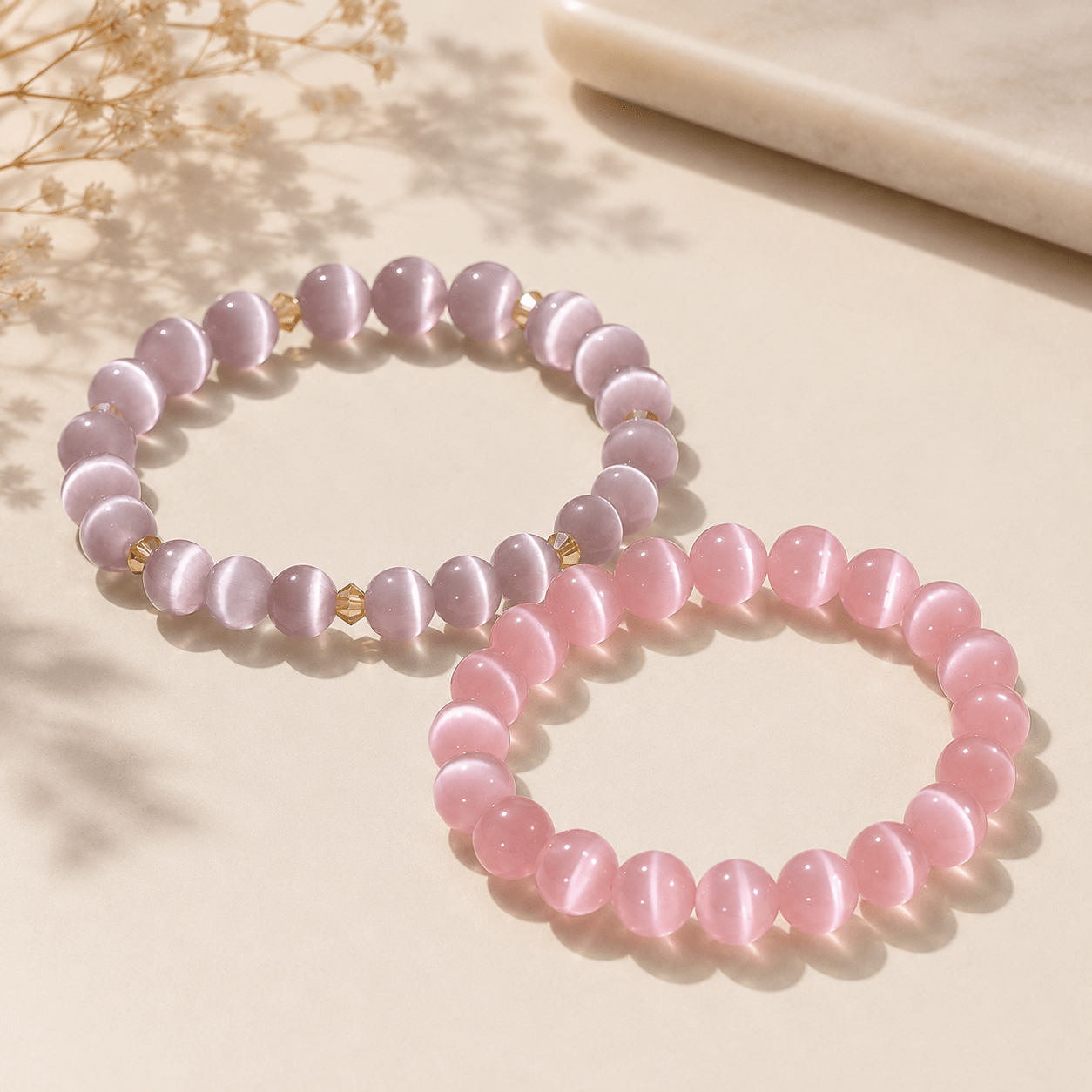 2pc Purple & Pink Cat Eye Stone Beaded Bracelet Set, Elegant Layered